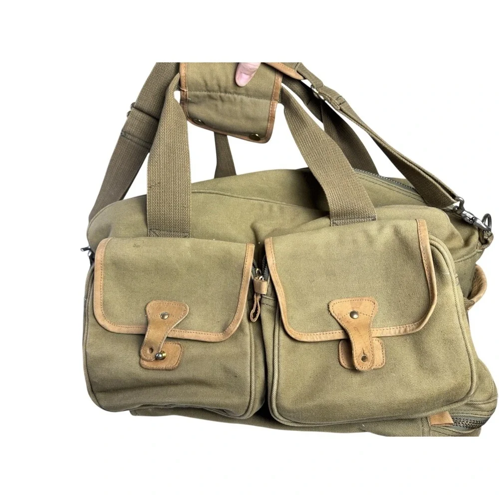 Vintage Eddie Bauer Army Green Safari Canvas Leather Duffle Shoulder Utility Bag